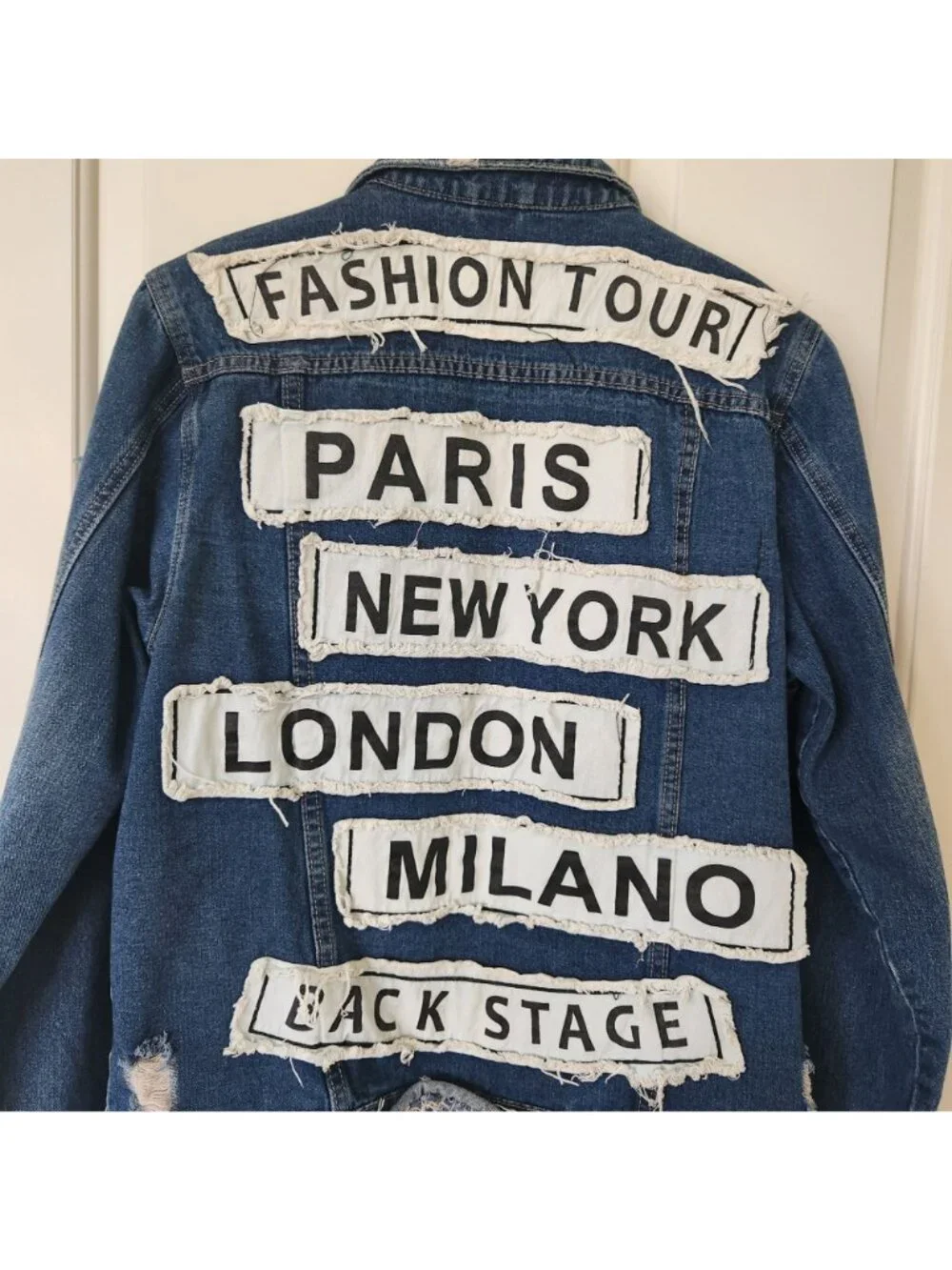 Distressed Denim Jacket Paris New York London Milano Oversized Glam Supermodel - Picture 8 of 13